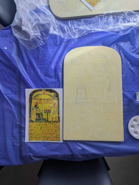 Primed with the image visible. Colour print out of the Stele of Revealing as a colour reference