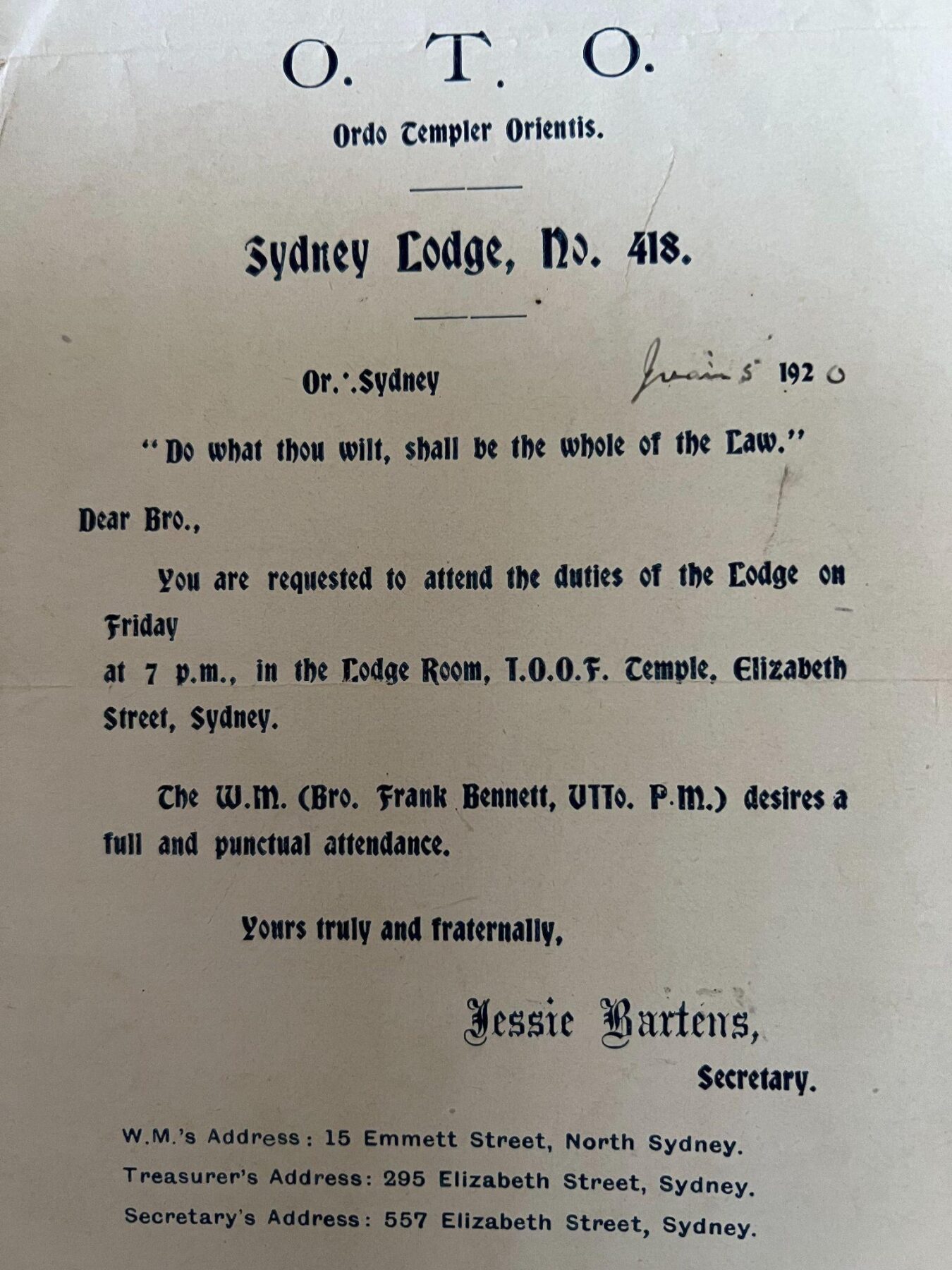One of Frank Bennett's O.T.O. Lodge meeting notices from 1920